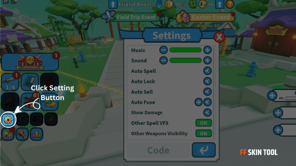 click setting and enter weapon fighting simulator code