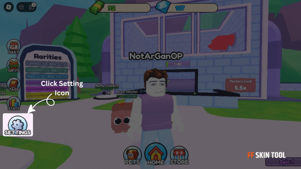 click setting icon and enter rarity factory tycoon codes