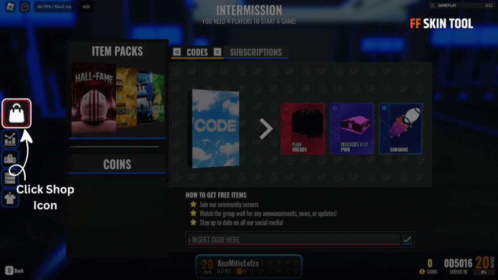 click shop icon and select codes button
