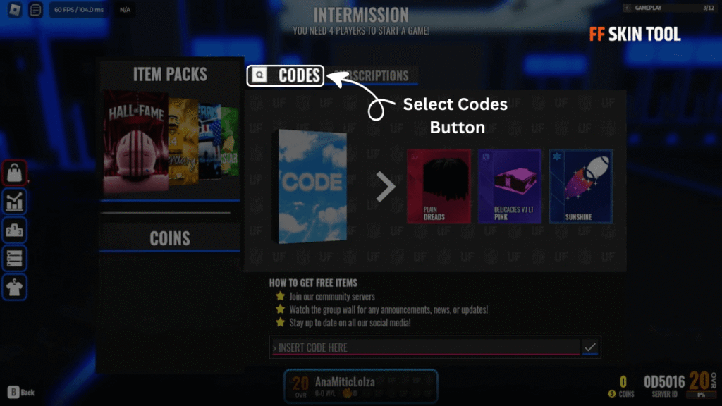select codes button and enter nfl universe football codes