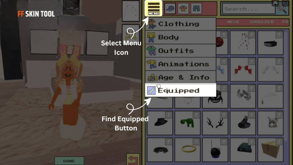 select menu icon and find equipped button